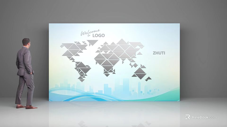 Check-in Event Display Board With World Map Geometric Pattern And City Skyline 3d model