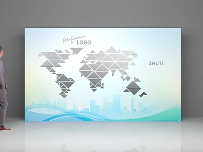 Check-in Event Display Board With World Map Geometric Pattern And City Skyline 3d model