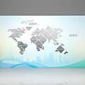 Check-in Event Display Board With World Map Geometric Pattern And City Skyline 3d model