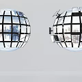 Two Digital Sphere Displays Made Of Screens Showing Urban Cityscape With Fragmented Design