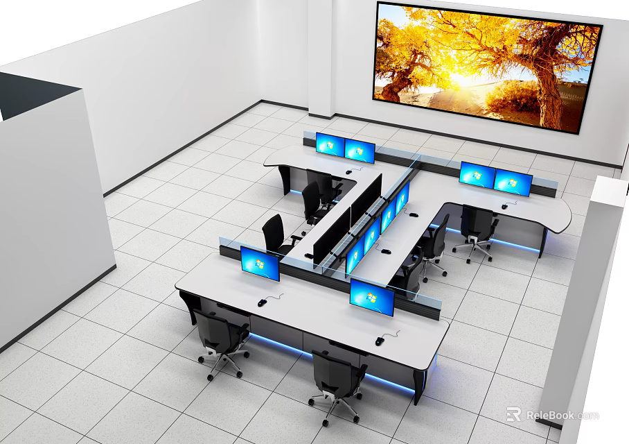 Professional Monitoring Room with Multiple Monitor Screens Control Desks and Large Display Screen 3d model 
