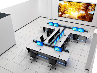 Professional Monitoring Room with Multiple Monitor Screens Control Desks and Large Display Screen 3d model