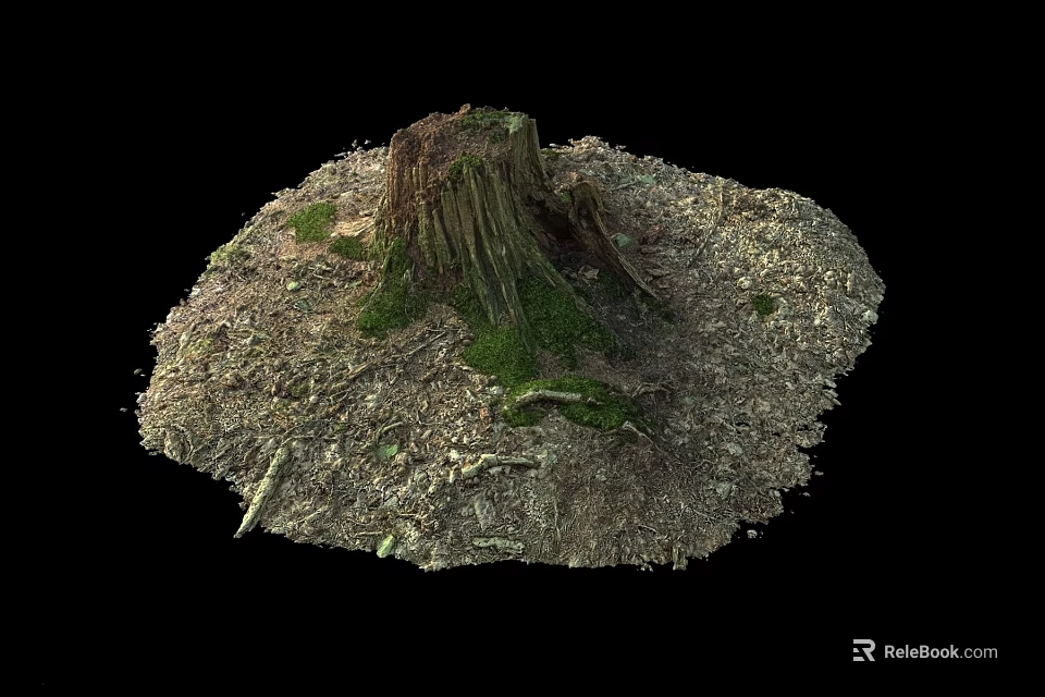Natural Wood Tree Stump With Stones Moss And Fallen Leaves On Ground 3d model 