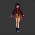 Anime Style Game Film Character With Purple Pink Long Hair Brown Coat And Plaid Skirt