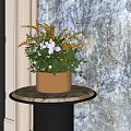 Wooden Brown Vase with Purple Blooms and Green Leaves on Marble Tabletop Near Window