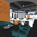 Modern Public Office Space With Orange Wall Decor Green Sofa Bean Bags And White Desks