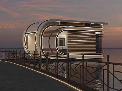 Modern Space Capsule Building Floating on Water with Pier and Sunset Sky 3d model