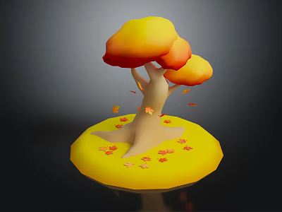 3D Model Tree With Yellow And Orange Canopy And Falling Leaves On Round Base 3d model