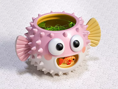 Pink Spiky Pufferfish Doll With Big Eyes Yellow Fins Green Decor Red Fish MOMO Lettering 3d model