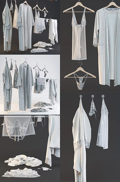 Light Gray And White Women's Clothes Collection Featuring Robes Lingerie And Dresses On Hangers 3d model