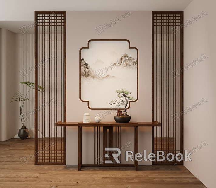 New Chinese Style End View Table Entrance Cabinet End View Cabinet Sideboard Cabinet Jewelry Ornaments Green Plant Potted Plant Partition model