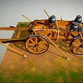 Ancient Wooden Chariot With Large Spoked Wheels Metal Containers And Spears