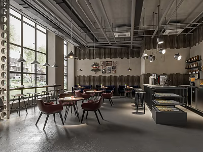 Modern Cafe Interior With Large Windows Pendant Lights And Wooden Tables 3d model