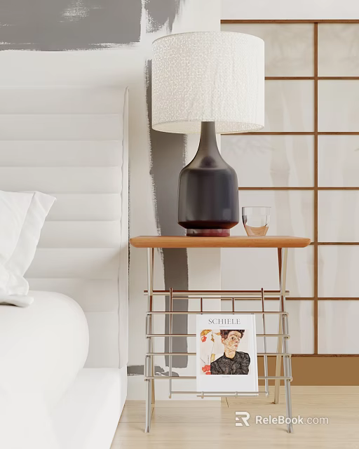 Modern Bedside Table Lamp With White Lampshade And Dark Ceramic Base On Wooden Nightstand 3d model 