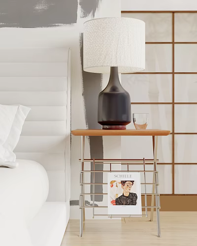 Modern Bedside Table Lamp With White Lampshade And Dark Ceramic Base On Wooden Nightstand 3d model