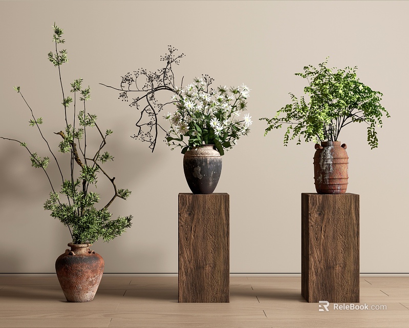 Decorative Flower Vases With Assorted Plants On Wooden Pedestals Neutral Interior 3d model 