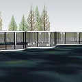 Modern Wavy Pergola with Glass Curtain Walls Over Water Wooden Platform and Water Reflections