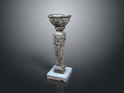 Natural Landscape With Gray Stone Carved Column Featuring Bowl Top And Square Base 3d model
