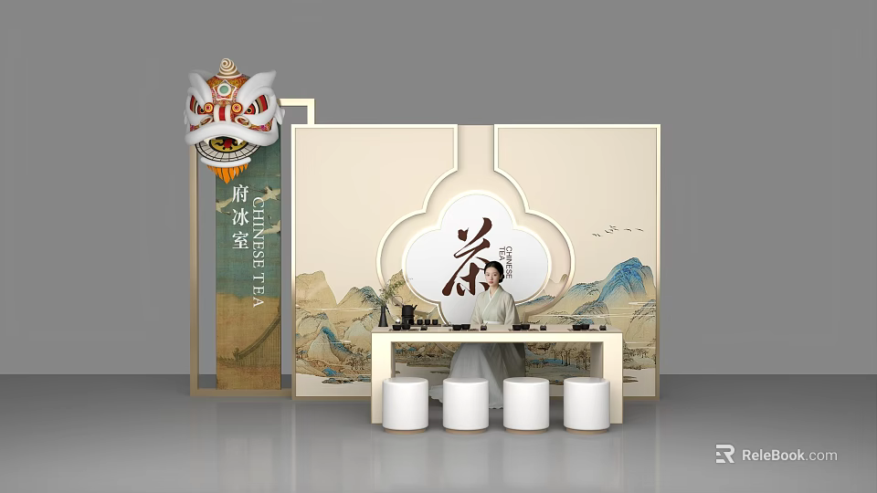 Traditional Tea Ceremony Interactive Zone With Mountain Art And Tea Table Setup 3d model 