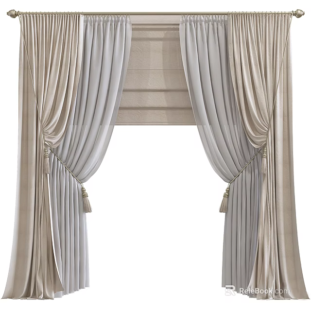 Elegant Beige And Gray Curtain Design With Pleated Details And Tassel Tiebacks For Modern Home 3d model 
