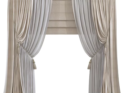 Elegant Beige And Gray Curtain Design With Pleated Details And Tassel Tiebacks For Modern Home 3d model