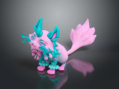 Fantasy Creature with Pink and Teal Fur Fluffy Tail and Big Ears 3d model