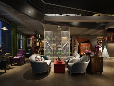 Elegant Bridal Shop Interior With Gray Sofas Red Coffee Table And Wedding Dress 3d model