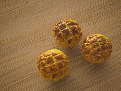 Three Fresh Golden Round Lattice Patterned Pastries on Wooden Tabletop 3d model