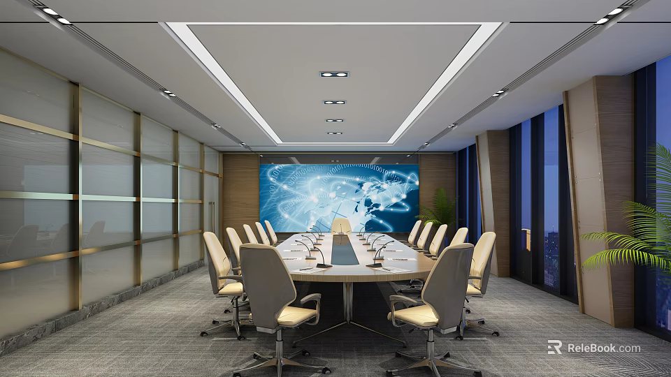 Modern Conference Room Design With Large Screen World Map Table And Comfortable Chairs 3d model
