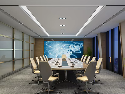 Modern Conference Room Design With Large Screen World Map Table And Comfortable Chairs 3d model