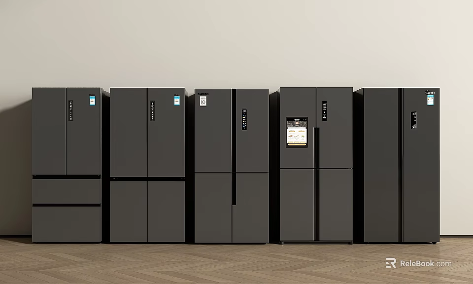 Multiple Black Refrigerators Freezers In Row With Modern Design Display Units 3d model