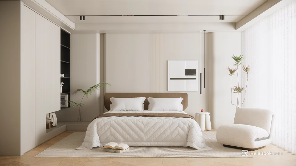 Modern Bedroom Interior With Brown Headboard White Quilt Pillows Green Plants And Wall Art 3d model 