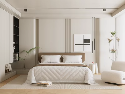 Modern Bedroom Interior With Brown Headboard White Quilt Pillows Green Plants And Wall Art 3d model