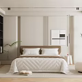 Modern Bedroom Interior With Brown Headboard White Quilt Pillows Green Plants And Wall Art
