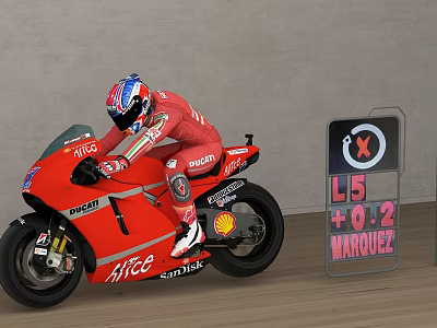 Red Ducati Racing Motorcycle With Marquez Rider In Red Suit And L5 0.12 3d model
