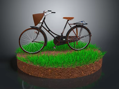 Vintage Bicycle with Brown Seat and Basket Standing on Green Grass Circular Dirt Platform 3d model