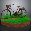 Vintage Bicycle with Brown Seat and Basket Standing on Green Grass Circular Dirt Platform