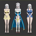 Anime Characters In Yellow Dress Nurse Outfit And Blue Swimsuit With Headpieces