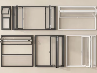 Different Styles of Black and White Window Frames with Various Opening Designs 3d model