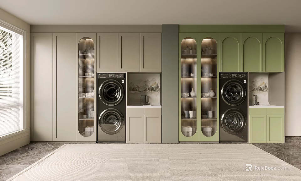 Modern Laundry Room Design With Light Gray Green Cabinets Washing Machines And Glass Door Storage 3d model 
