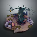 Enchanted Tree With Hanging Lanterns Rocks And Small Plants In Miniature Scene 3d model