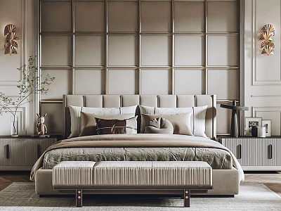 Elegant Bedroom Interior With Paneled Wall Tufted Headboard Multiple Pillows And Bench 3d model