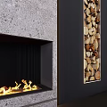 Modern Stone Fireplace Design With Smooth Surface And Neatly Stacked Firewood