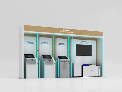 Modern Public Facility With Multiple Self Service Kiosks And Display Screen 3d model