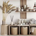 Daily Laundry Essentials On Wooden Shelves With Rolled Towels Aromatherapy Sticks And Storage Baskets