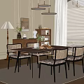 Elegant Modern Dining Room Interior With Wooden Table Wicker Chairs Decorative Plants And Floor Lamp