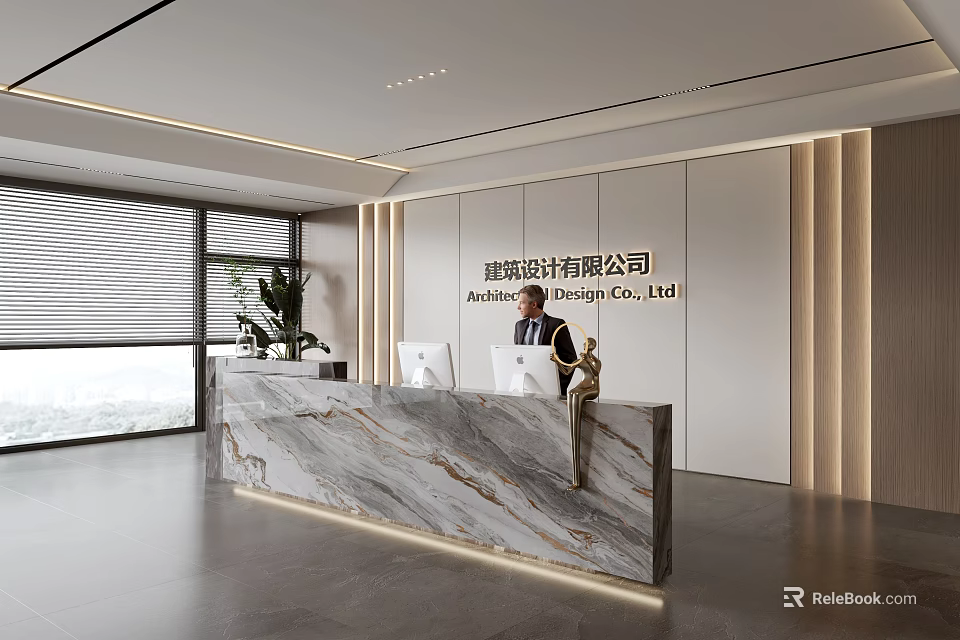 Modern Reception Desk in Architecture Design Company Office with Marble Counter Man and Computer 3d model 
