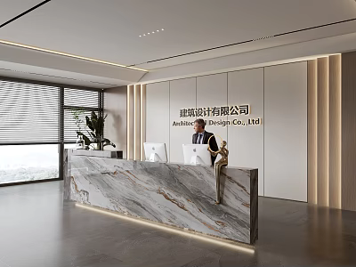 Modern Reception Desk in Architecture Design Company Office with Marble Counter Man and Computer 3d model