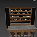 Modern Wine Cabinet With Bottled Wines Wooden Bar Counter Gray Stools And Patterned Background