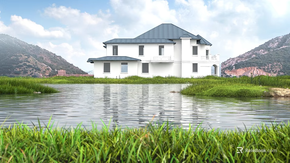 White Exterior Detached Villa With Dark Roof By Waterfront Lush Grass And Mountain View 3d model 